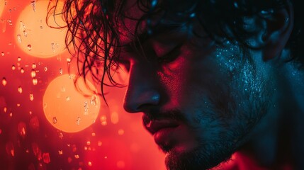 Contemplative man bathed in neon light behind a rainy window