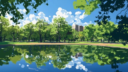 Very beautiful idyllic natural panorama of city spring summer park with pond that reflects surrounding trees and blue sky on bright sunny day.
