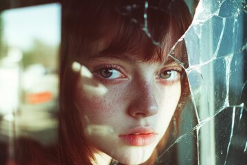 Fototapeta premium A young woman gazes through a shattered glass, her expressive eyes reflecting a mixture of vulnerability and resilience in the fractured light.
