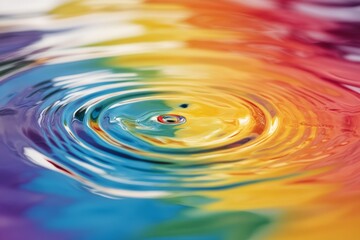 A mesmerizing ripple disturbs the surface of a rainbow-colored liquid, creating a hypnotic pattern of concentric circles in vibrant hues.