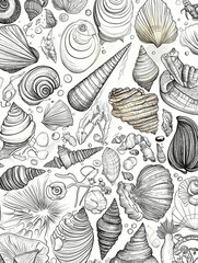 Seashells sea life pattern, black monochrome simple line seamless ink drawing, white background