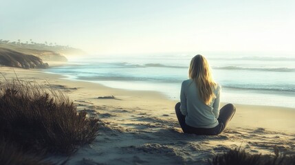 Fototapeta premium Shot of beautiful young woman sitting on the beach while dreaming and looking at the sea. 