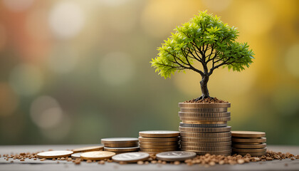 It is a stack of coins with a young tree as the background changes with the seasons.