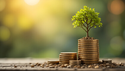 It is a stack of coins with a young tree as the background changes with the seasons.