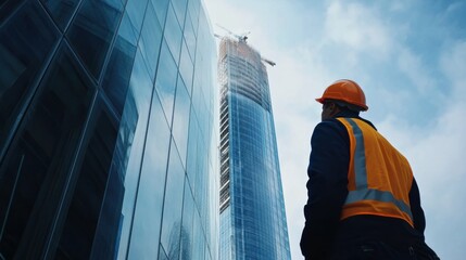 An engineer overseeing the installation of glass curtain walls for a corporate skyscraper, Curtain wall installation scene, Corporate high-rise construction style