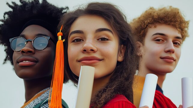 Collage with photos of students holding diplomas on white background, closeup. Banner design