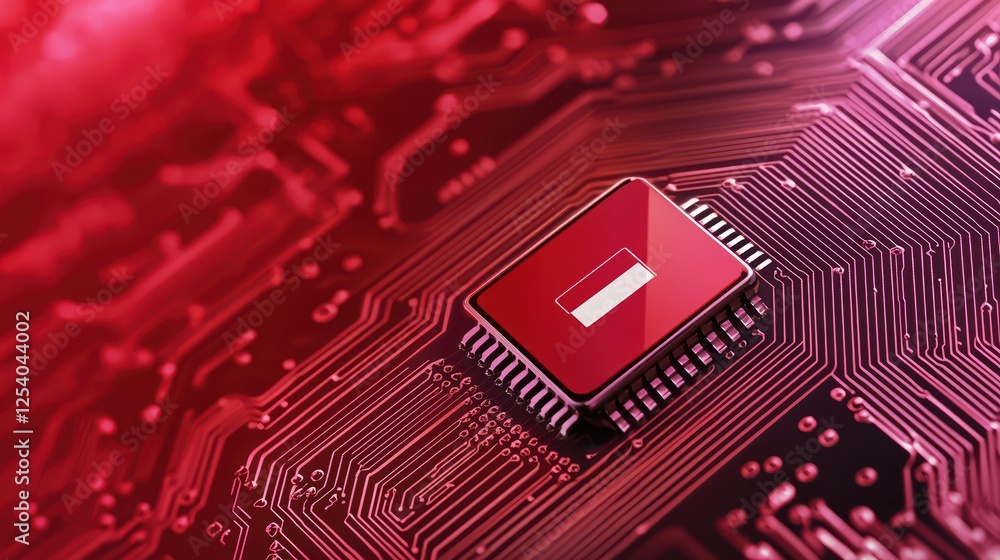 Poster close-up view of red microchip on circuit board with abstract design