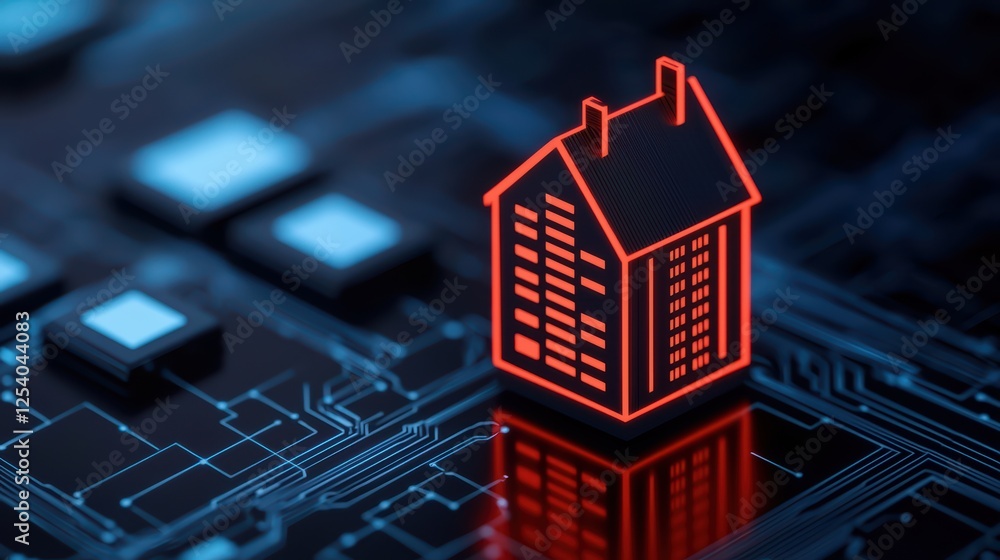 Poster digital house icon on circuit board background with red glow effect