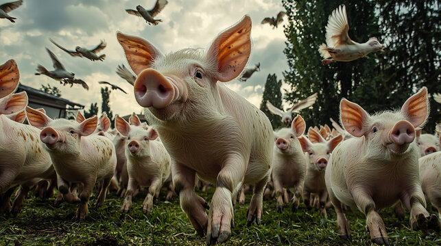 Herd of pigs running in a field with birds flying above on a cloudy day