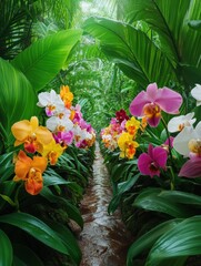 Vibrant orchids blooming along a lush tropical pathway, surrounded by green foliage, creating a serene nature experience, floral beauty concept