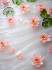 Obraz premium Beautiful pink water lilies floating gracefully on a serene surface, surrounded by green lily pads, tranquil nature concept