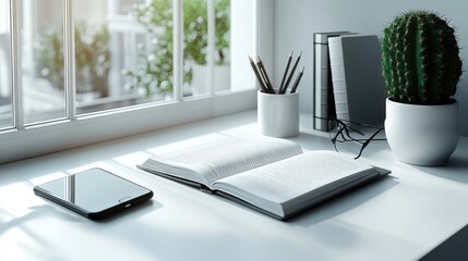 A serene workspace with an open book, smartphone, and a cactus by a sunny window.