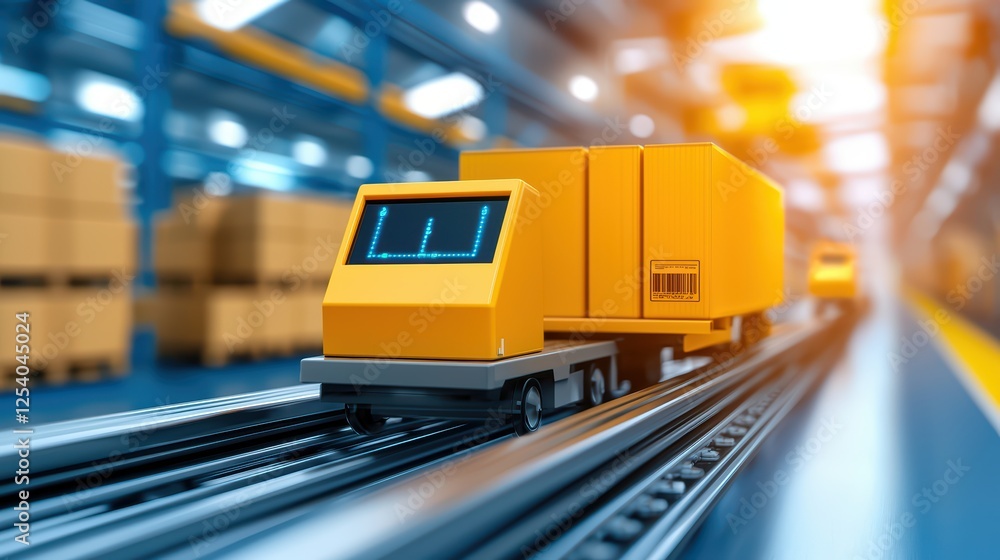 Poster automated warehouse transport system in motion with cargo boxes