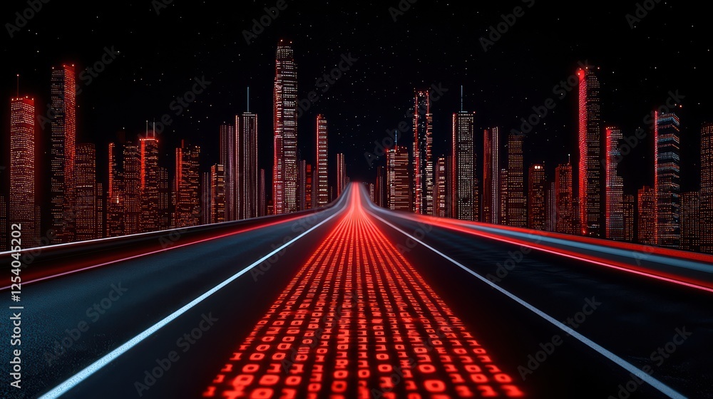 Poster futuristic cityscape with binary code and bright red road