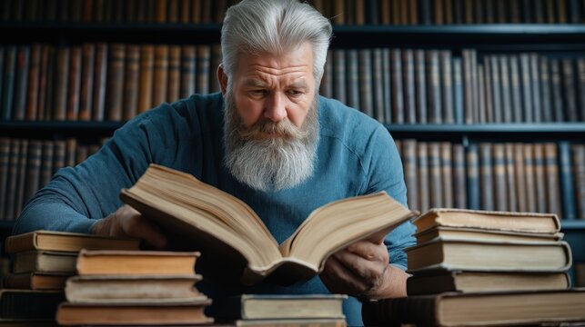 thoughtful elderly man studies an open book, deeply engaged in reading. Surrounding him are stacks of various old books, creating a warm library atmosphere filled with knowledge