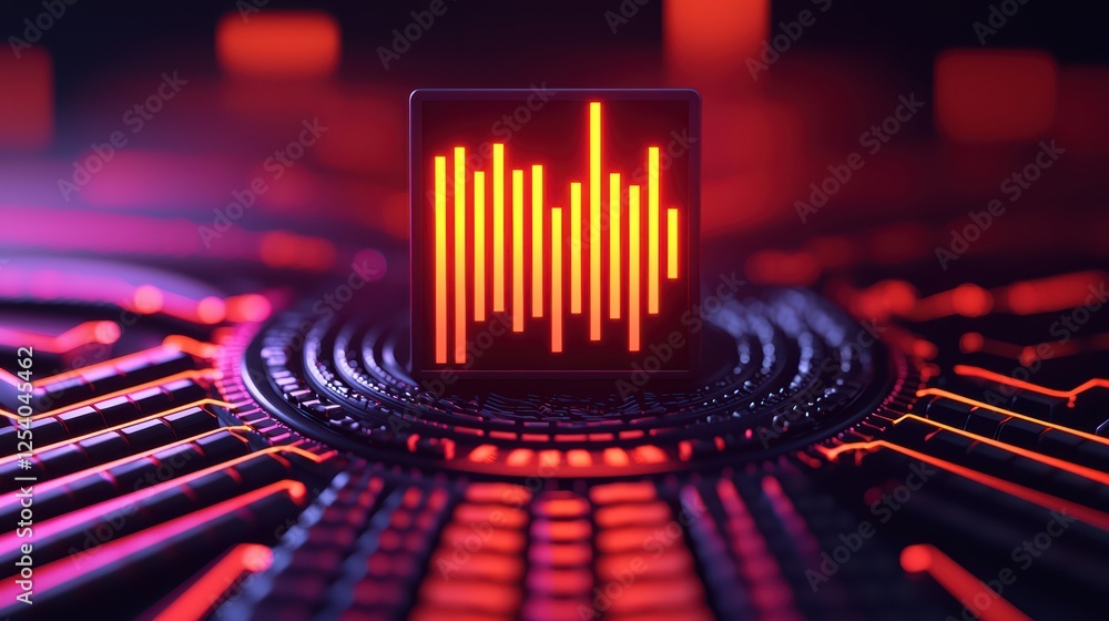 Poster abstract sound wave visualizer in neon colors on circuit background