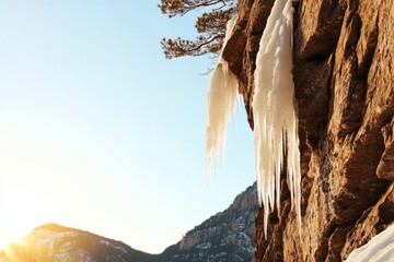 Icicles Hanging from Rocky Cliffside at Sunrise, Natural Beauty, Winter Landscape, Scenic View, Outdoor Adventure, Nature Photography, Ice Formation Concept