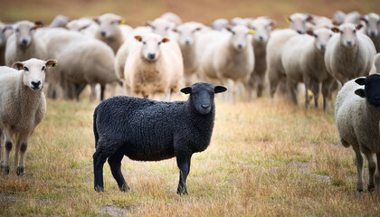 Fototapeta premium adorable black sheep among white flock