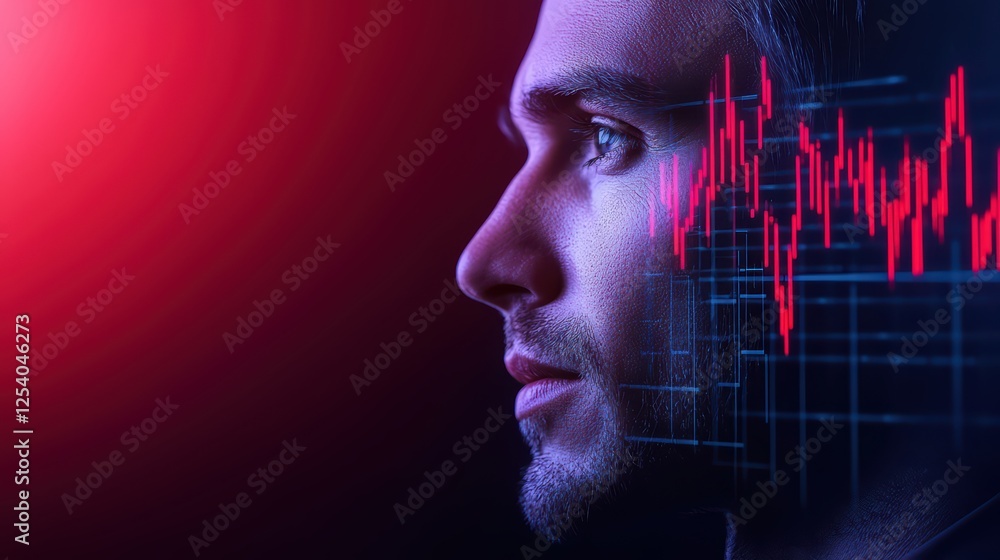 Poster profile of a man with financial data visualization in background