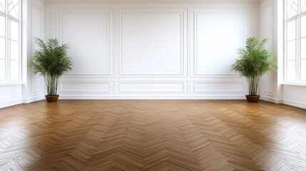 Spacious interior showcases a wooden herringbone floor with a polished finish. Two decorative plants placed in pots add a touch of greenery to the minimalist design and light-filled room