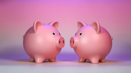 Two Pink Piggy Banks Face to Face on Gradient Background, Financial Planning and Savings for banking, investment, budget planning, and money management themes.