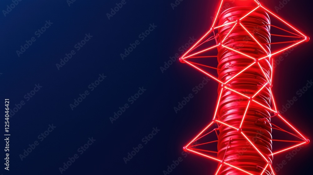Poster abstract red neon structure with geometric shapes on dark background