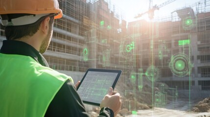 An engineer using a tablet to monitor environmental sensors on a construction site, Environmental monitoring scene, Sustainable construction style