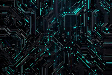 Abstract close-up of a glowing blue digital circuit board, showcasing intricate connections and technological design on a black background.
