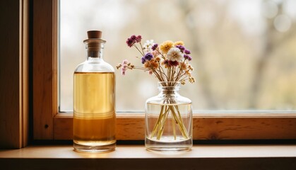 Glass bottle and vase with dried flowers on wooden windowsill