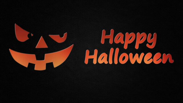 Creepy Laughing Happy Halloween Face Leather 4K Loop features a laughing sinister mouth and eyes with an orange flickering dripping Happy Halloween text on a leather-like surface in a loop.
