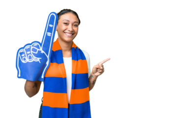 sports fan woman over isolated chroma key background pointing finger to the side