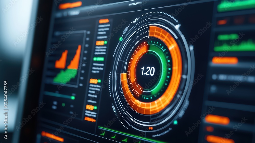 Poster futuristic data visualization with circular graph and metrics display