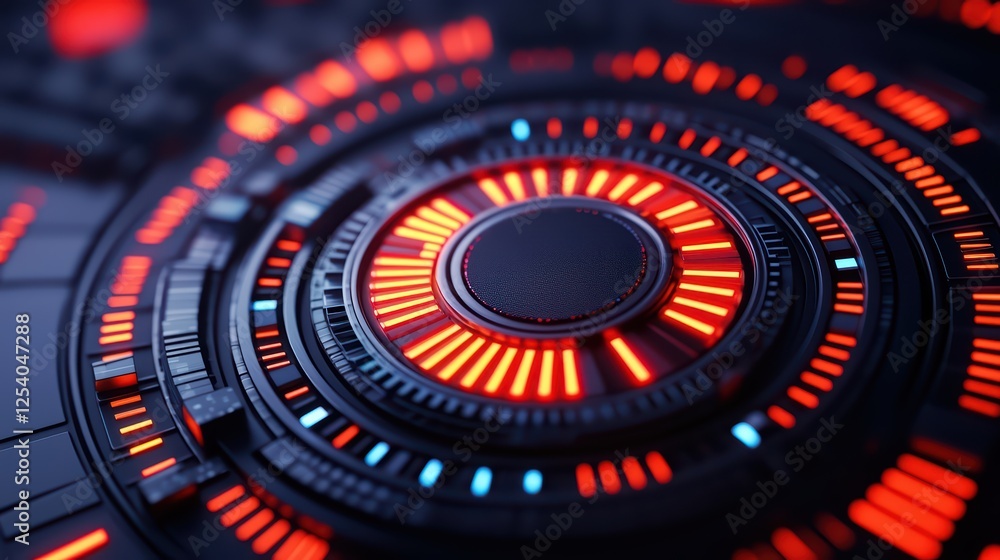 Poster futuristic circular interface with bright red and blue patterns