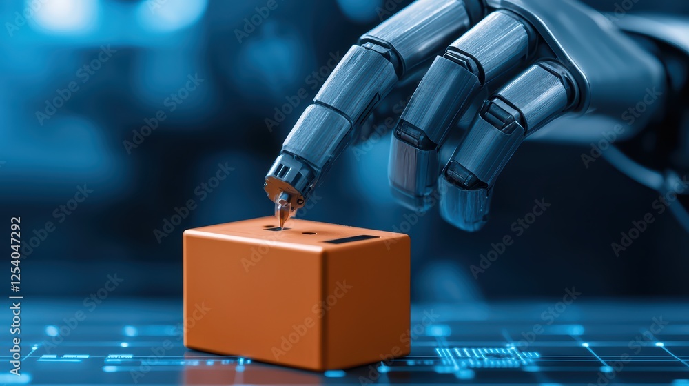 Poster robotic hand inserting coin into orange box on digital background