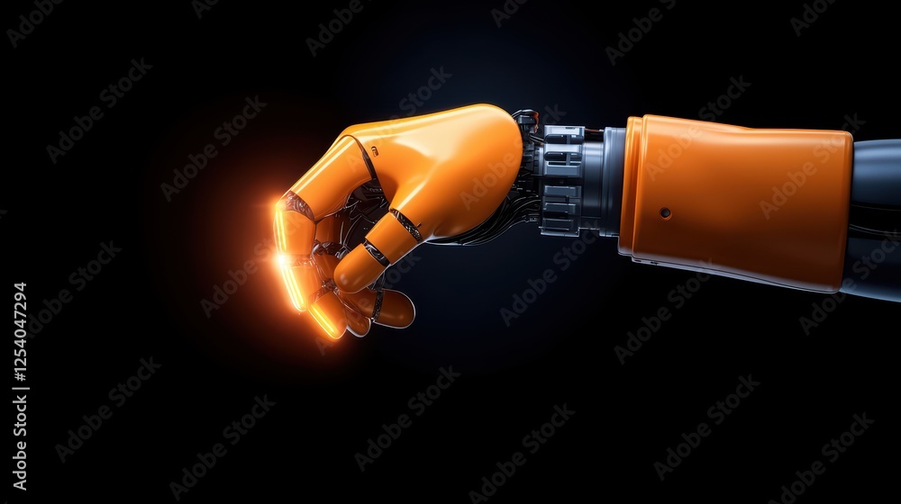 Poster robotic hand grasping an object with futuristic technology elements