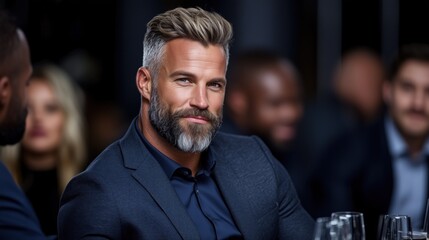 man with a well-groomed beard and stylish hair sits at a table, exuding confidence at an elegant gathering. Guests engage in relaxed conversation amidst soft lighting