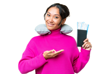 Young Uruguayan woman holding a passport over isolated chroma key background extending hands to the side for inviting to come