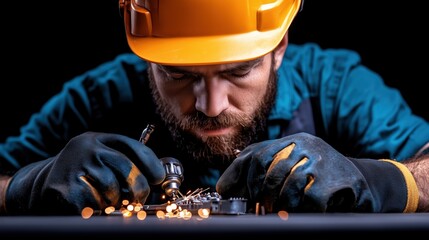 focused craftsman, wearing a yellow safety helmet and gloves, meticulously works on a metal assembly with tools. Sparks fly as he showcases his precision and skill in the dimly lit workshop