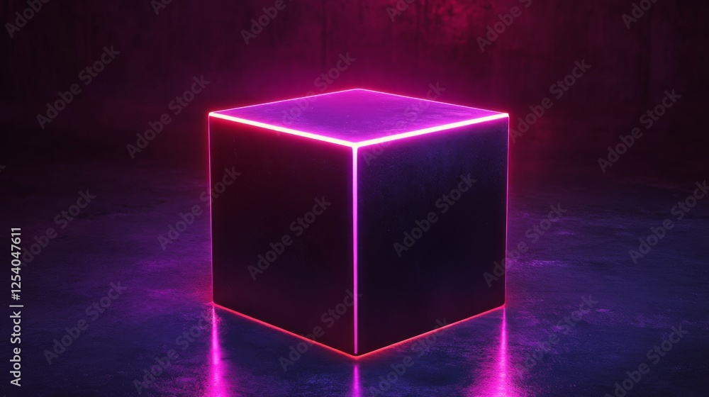 Poster luminous cube with vibrant neon outlining in dim setting