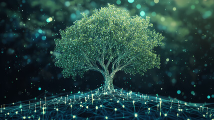 Digital tree with branches of business strategies, symbolizing organic growth and interconnectivity growth strategy, ecosystem approach. Glass-Encased Ecosystems. Illustration
