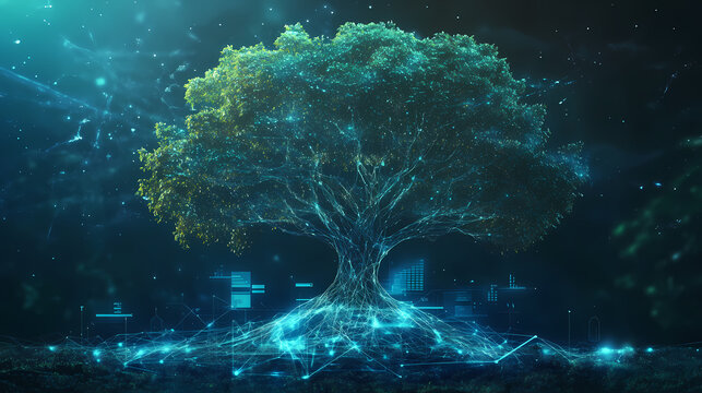 Digital tree with branches of business strategies, symbolizing organic growth and interconnectivity growth strategy, ecosystem approach. Glass-Encased Ecosystems. Illustration