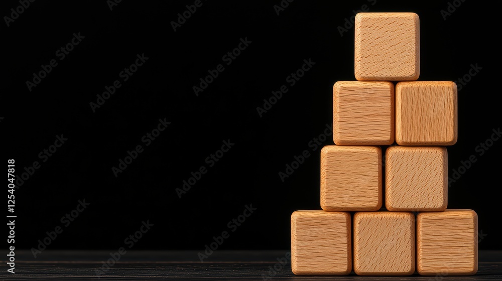 Poster wooden blocks stacked in a tower on dark background for layout design