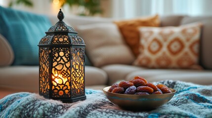 A vintage lantern glowing next to a bowl of dates on a luxurious sofa, with a blurred Islamic background and plenty of space for text,