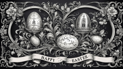 Black and White Easter Card with Bold "Happy Easter" Calligraphy, Adorned with Elegant Swirls and Baroque-Style Decorative Elements