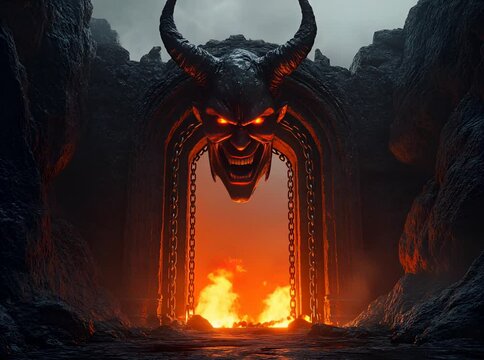 stone gates to hell underground, devil head with horns laughing terrifyingly, fire burning