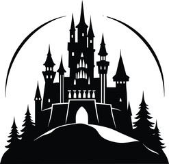 Obraz premium Majestic Black Castle Silhouette, Hilltop, Enchanting, Dark Fairytale, Forest, Night, Gothic