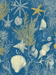 Seashells sea life pattern, white and gold simple seamless drawing, blue background