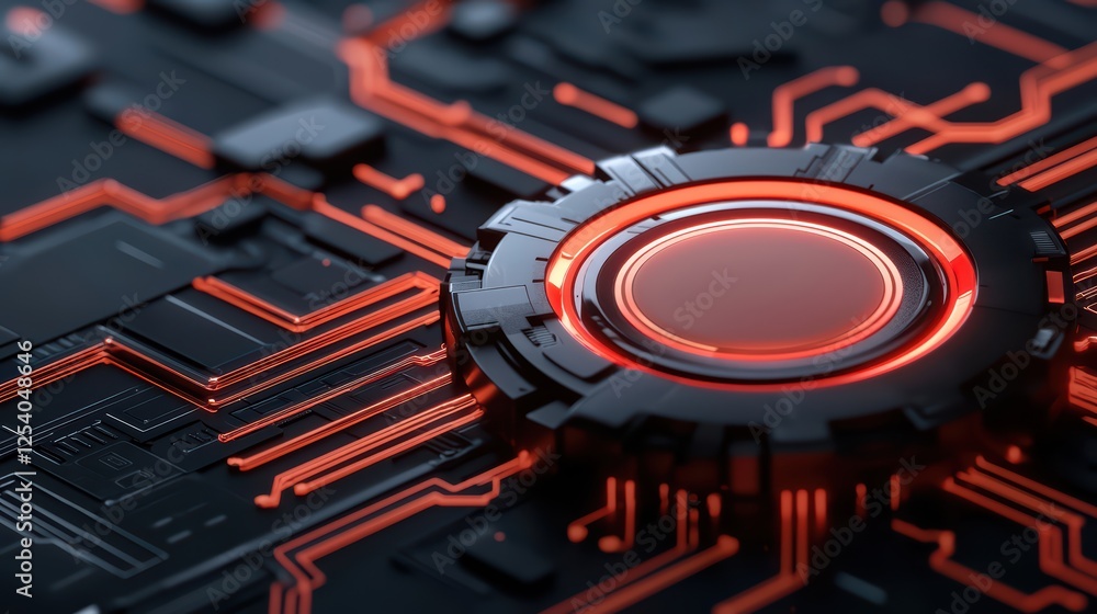 Poster futuristic abstract circuit board with glowing red elements