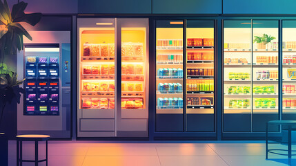 Micro market (small automated unmanned vending store) full of food stands in office, coworking, lobby or hotal hall. soft focus. automated food business theme. Glass-Encased Ecosystems. Illustration