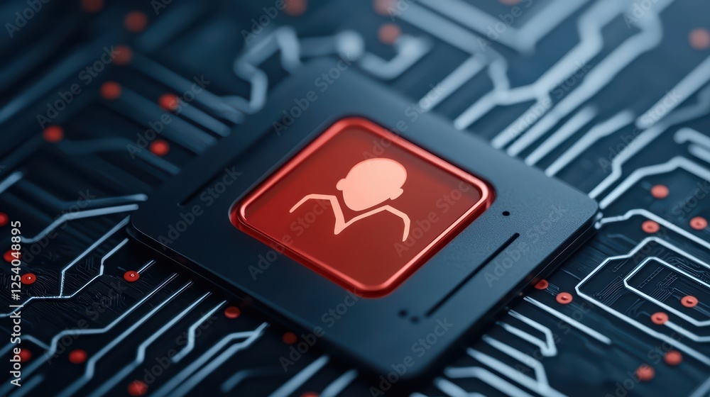 Poster microchip icon with user silhouette on circuit board background